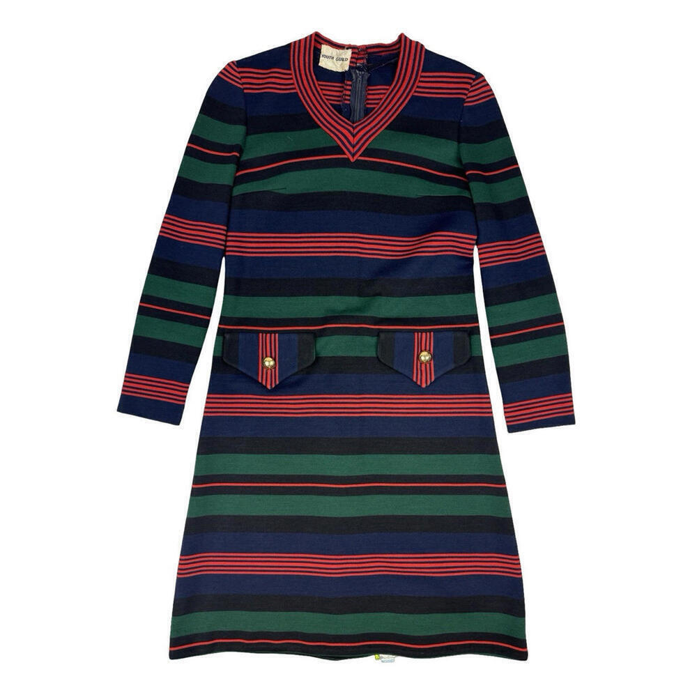 Vintage Youth Guild Striped Long Sleeve Shirt Dress Green Red Size S